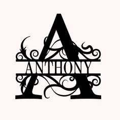 the word anthony written in black ink on a white background with swirls and scrolls