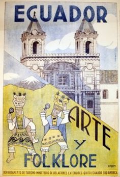 an old poster advertising art for folklore in front of a building with two towers