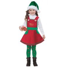 Your little one can be Santa's main helper in this Elf in Charge Child costume. This festive red elf dress comes with green accents and decorative peppermint buttons with adjustable criss-cross straps that tie into a bow at the back and a holiday hat and a pair of leggings with print. The white turtleneck shirt and footwear are not included. Available in children's sizes - Small/Medium (fits up to size 6-10) or Large/XL (fits up to size 8-12). Costumes typically run a little smaller than regular Holiday Character Outfits Christmas, White Turtleneck Shirt, Toddler Costumes Girl, Elf Dress, California Costumes, Holiday Hats, Christmas Party Outfit, Christmas Party Outfits, Feminine Chic