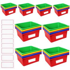 six plastic storage containers with dividers and labels on the lids for each container in different colors