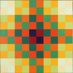 an abstract painting with squares in green, orange and yellow