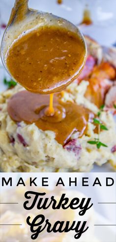 a spoon pouring gravy onto mashed turkey