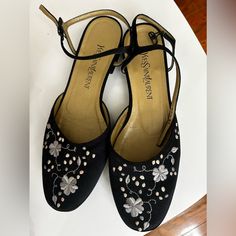 Beautiful Vintage Ysl Ballet Flats With Floral Embroidery Satin Size 7 Lightly Worn As Shown In Pictures Made In Italy Elastic Strap Satin Ballet Flats, Vintage Yves Saint Laurent, Yves Saint Laurent Shoes, Vintage Ysl, Shoes Vintage, Saint Laurent Shoes, Thrift Finds, Flat Color, Vintage Shoes