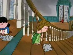 two children cleaning the stairs in a cartoon