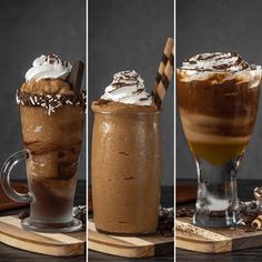 three different shots of the same drink being served in glass cups with whipped cream on top