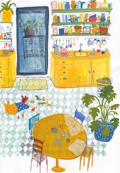 a drawing of a kitchen with yellow furniture and potted plants on the counter top