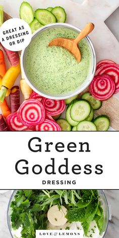 green goddess dressing in a bowl surrounded by fresh vegetables