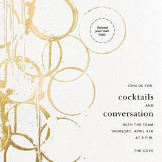 a white and gold party card with an abstract design on the front, along with text that reads join us for cocktails and conversation