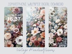 three phone screens with flowers on them and the text, 3 smartphone wallpaper digital