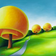 a painting of trees and yellow mushrooms on a green hillside with a road leading to them