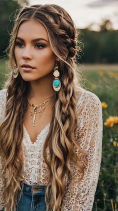 Boho Braids With Beads, Silver Hair Ideas, Western Hair Styles, Cowgirls Hairstyles, Western Hairstyles, Maldives Wedding, Jumbo Boho Braids, Western Hair, Boho Waves