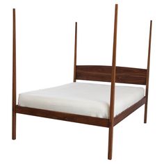 a wooden bed frame with white sheets and pillows on it's headboard, against a white background