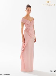 Off Shouldered Draped Dress with Rose Detail. Pink Mother Of The Bride, Mother Of The Groom Dress, Tarik Ediz Dresses, Off Shoulder Evening Dress, Tarik Ediz, Mother Wedding Dress, Unique Prom Dresses, Taffeta Dress, Long White Dress