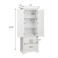 a white cabinet with drawers and measurements