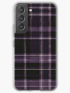 a purple and black plaid iphone case with buttons on the front, showing the back side