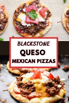 black stone queso mexican pizzas with cheese, meat and tomatoes on top are shown