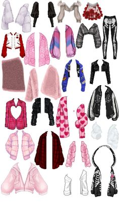 an assortment of clothes and accessories for dolls