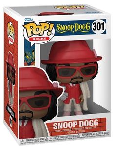 a pop vinyl figure in a red hat and sunglasses with the words snoop dogg on it