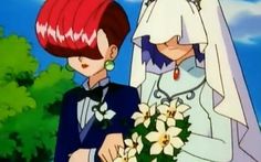 an animated image of a bride and groom standing next to each other with flowers in front of them