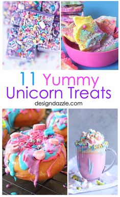 the collage shows different types of yummy unicorn treats and desserts for kids