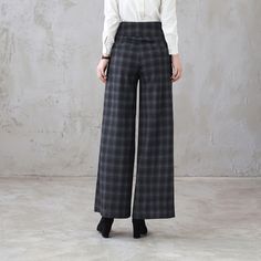 Tailored High-waist Winter Bottoms, Casual Full Length Wool Pants, Tailored High Waist Winter Pants, Tailored High Waist Pants For Winter, Wide Leg Wool Dress Pants For Fall, Full Length Dress Pants For Office In Fall, Casual Wool High-waisted Pants, Winter Plaid Wide Leg Bottoms, Tailored Full-length Dress Pants For Winter