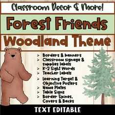 the forest friends woodland theme is shown in this classroom decor and more printable poster