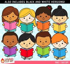 children reading books clipart with the text also includes black and white versions on it