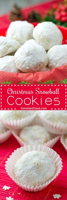 christmas snowball cookies in paper cups on a red tablecloth with white sprinkles