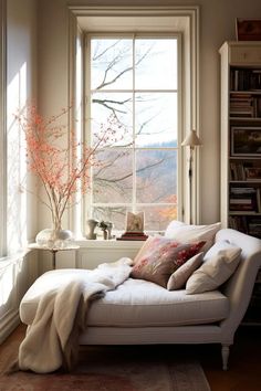 a white chaise lounge chair sitting in front of a window with bookshelves