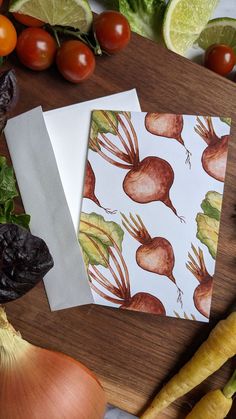 note card featuring ink and watercolor radishes on a cutting board with fresh vegetables Thank You Cards