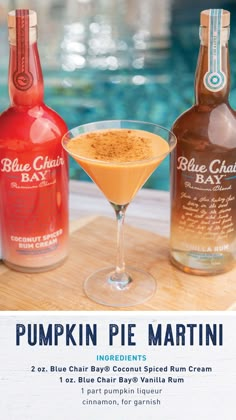 two bottles of booze next to a glass filled with pumpkin pie martini cocktails