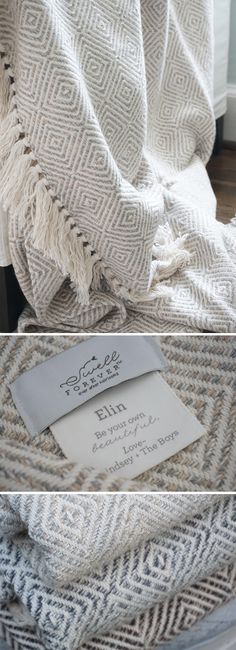 two pictures of blankets with labels on them