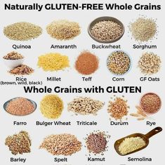 different types of grains and their names on a white background with the words gluten - free whole grains