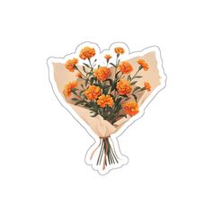 a bouquet of orange carnations on a white sticker with some green leaves