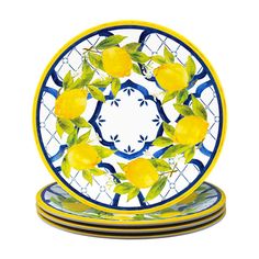 three yellow and blue plates with lemons on them