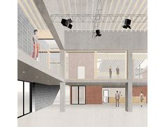 an artist's rendering of the inside of a building with people standing in it