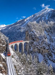 a train traveling over a bridge in the snow covered mountains with trees on both sides