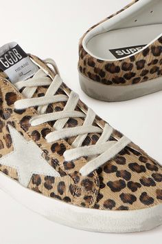 Find GOLDEN GOOSE DELUXE BRAND Super-star Sabot Distressed Leopard-print Calf Hair Slip-on Sneakers on Editorialist. Golden Goose's 'Sabot' sneakers riff on the label's famous 'Super-Star' style, but in a backless design that's so easy to slip on. They're made from leopard-print calf hair with suede stars and have been distressed in Venice. Golden Goose Deluxe Brand, Golden Goose Shoes, Brown Sneakers, Calf Hair, Golden Goose, Fall Shopping, Slip On Sneakers, Star Fashion, Women Collection