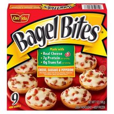 bagel bites cheese and pepperoni mini pizzas on a red plate in a box