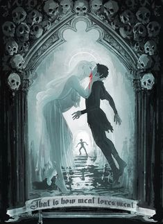 an illustration of a man and woman kissing in front of a gothic - themed arch