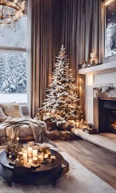 a living room filled with furniture and a christmas tree in front of a fire place