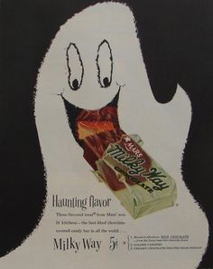 an old advertisement with a ghost holding a candy bar