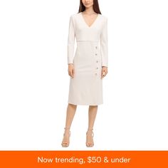 in stock Spring Stretch Long Sleeve V-neck Dress, Fitted V-neck Cream Sweater Dress, Chic V-neck Stretch Sweater Dress, Chic Stretch V-neck Sweater Dress, White Stretch V-neck Sweater Dress, Long Windows, Maggy London, Button Front Dress, Midi Length Skirts