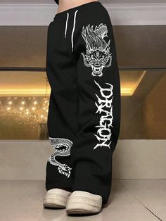 Black  Collar  Fabric Animal,Letter Straight Leg Embellished Slight Stretch  Men Clothing Goth Sweatpants, Villain Clothes, Dragon Pants, Villain Clothing, Sweatpants Baggy, Baggy Outfit Ideas, Pretty Shoes Sneakers, Cute Skirt Outfits, Baggy Clothes