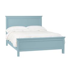 a blue bed frame with white sheets and pillows on top of the headboard, in front of a white background