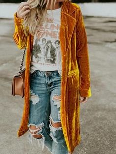 Gold Velvet, Long Dress Casual, Long Sleeves Coats, Coat Outfits, Hippie Outfits, Fashion Mode, Casual Jacket, Long Coat