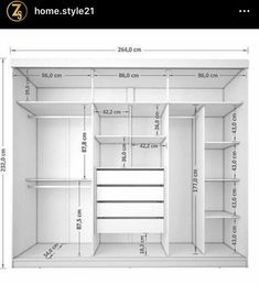 an open closet with measurements for the door and shelves on each side, including one shelf