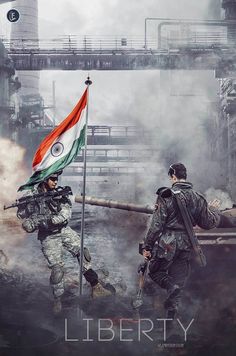 two soldiers holding flags in front of a factory