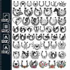 a large set of horse emblems on lined paper with black and white bordering