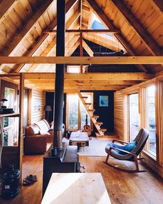 a living room filled with furniture and a wood burning stove in the middle of it